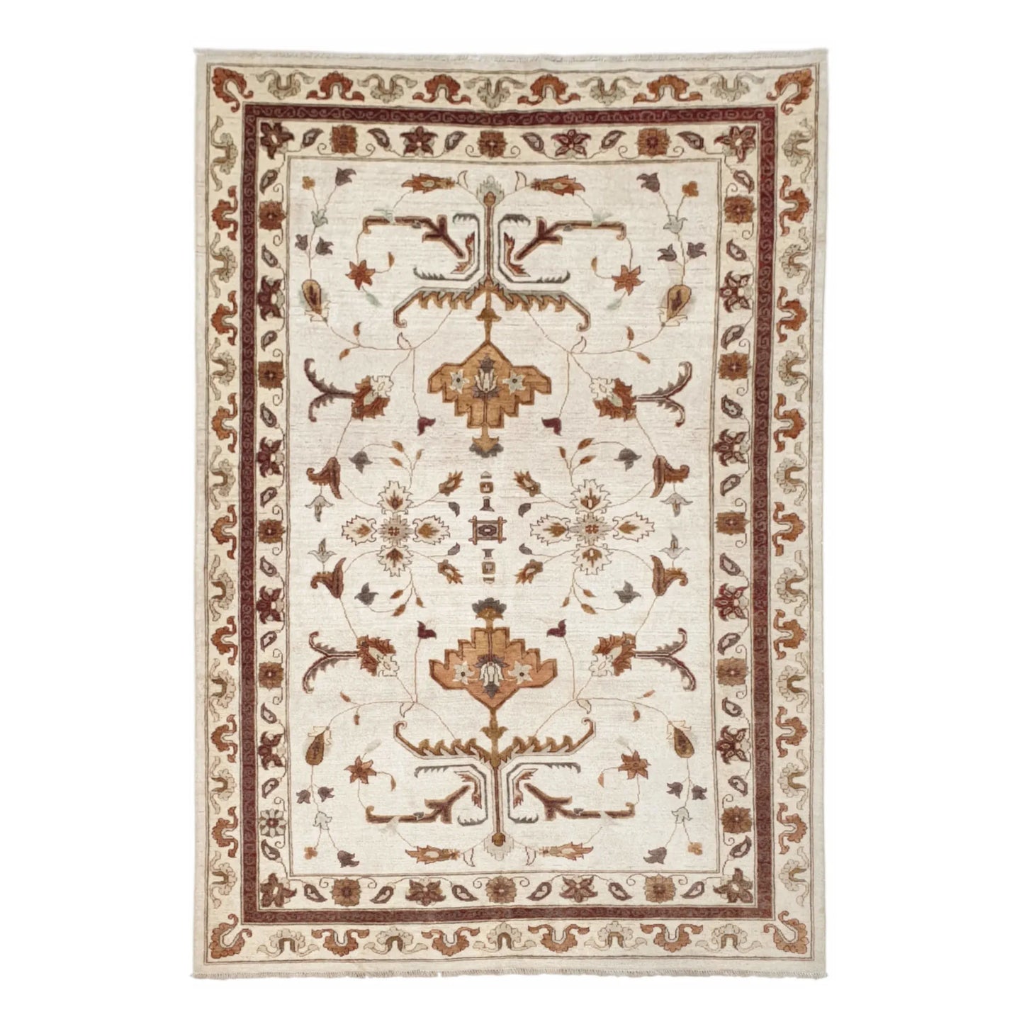 Full view of Afghan Chobi brown vine rug 272 x 179 cm with ivory floral field