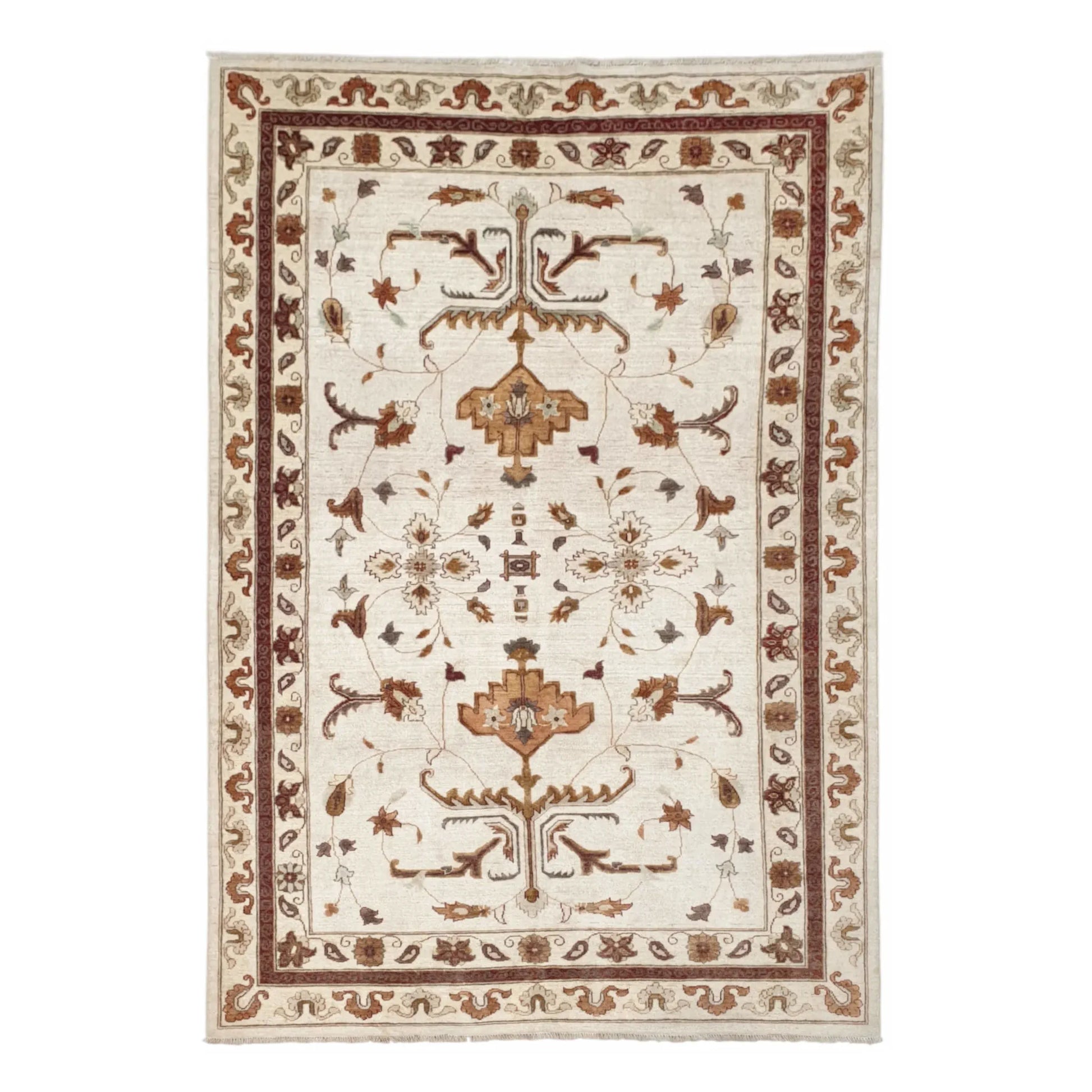 Full view of Afghan Chobi brown vine rug 272 x 179 cm with ivory floral field