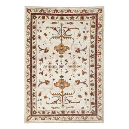 Full view of Afghan Chobi brown vine rug 272 x 179 cm with ivory floral field