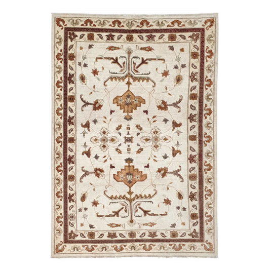 Full view of Afghan Chobi brown vine rug 272 x 179 cm with ivory floral field