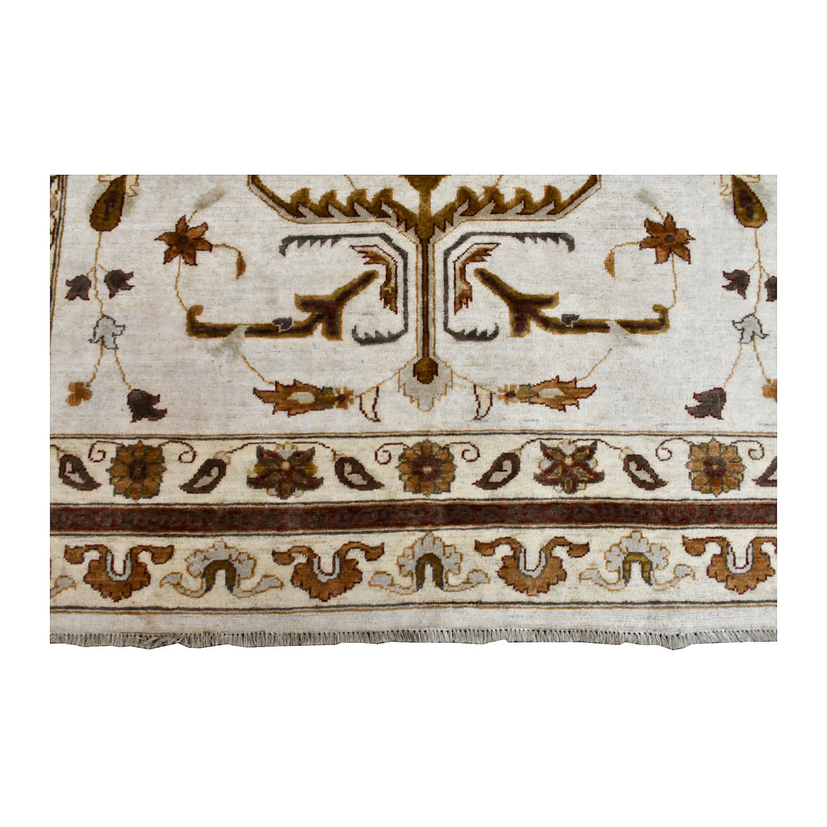 Fringe-end detail of Afghan Chobi rug showing branching brown vines, layered floral borders and white fringe