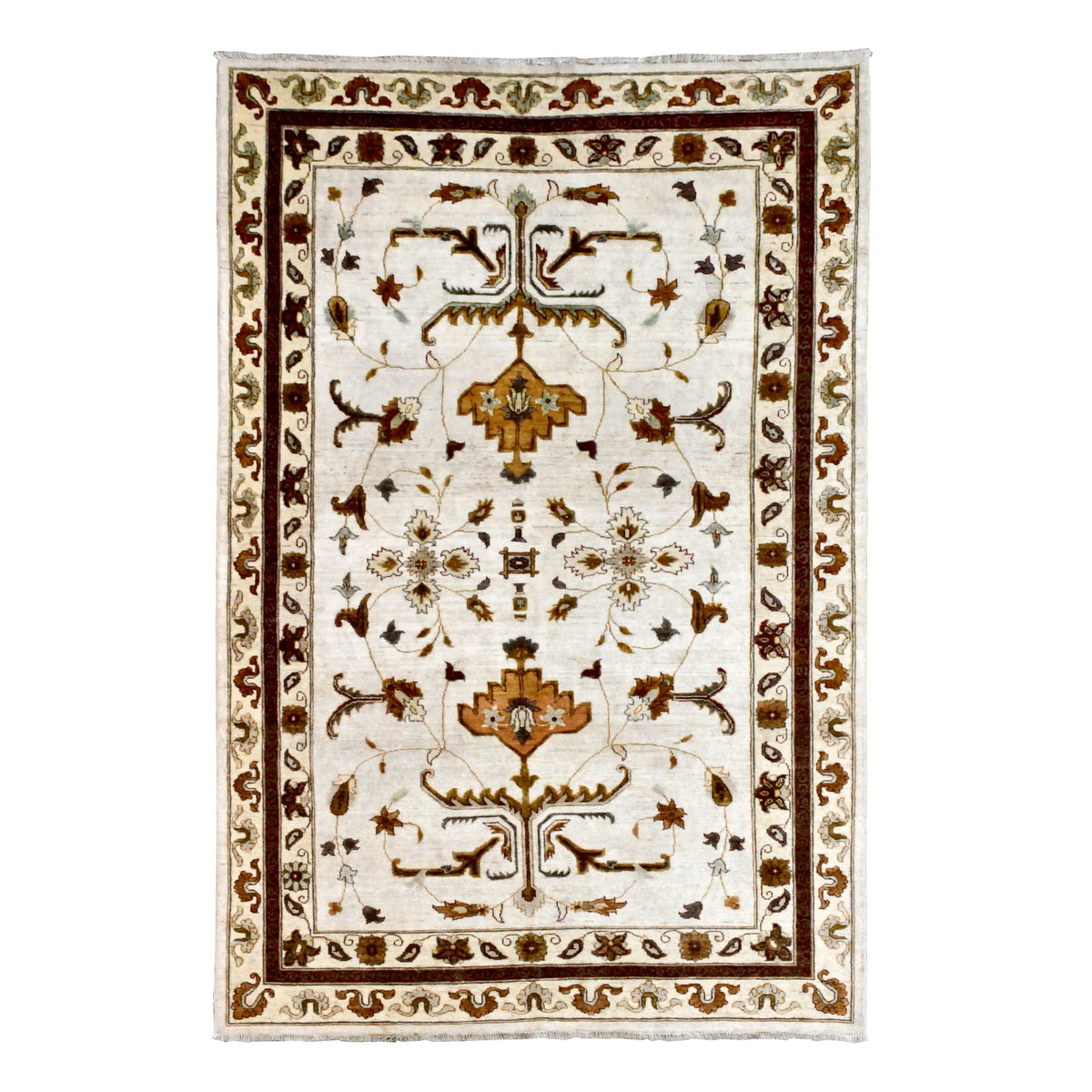 Full view of Afghan Chobi hand-knotted wool rug with ivory field, mirrored brown vines and ochre palmettes, 272 x 179 cm