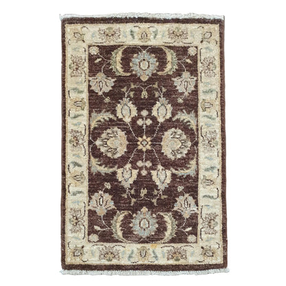 Full view of Afghan Chobi dark brown medallion rug 94 x 61 cm with beige border