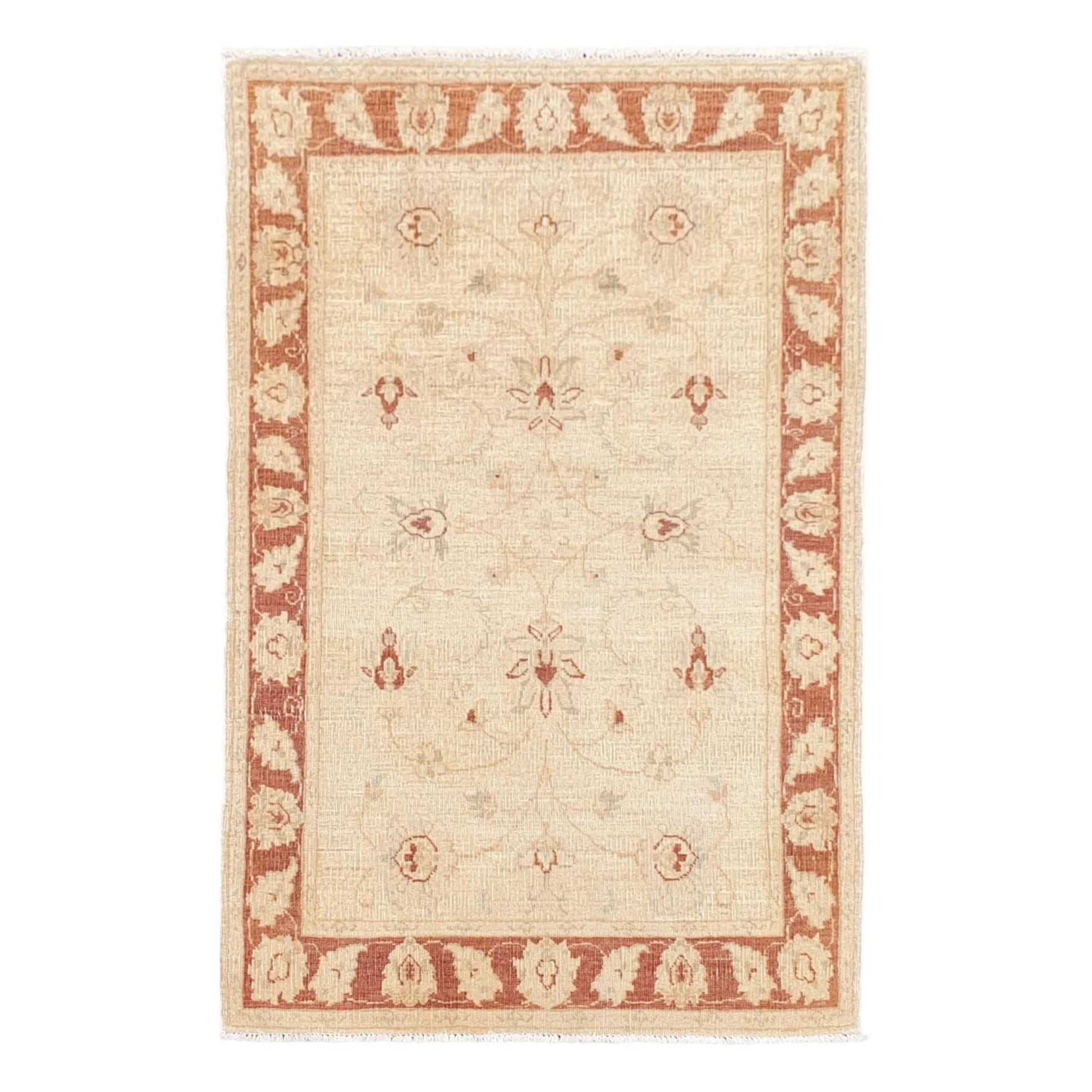 Full view of Afghan Chobi gold floral rug 158 x 102 cm with red border