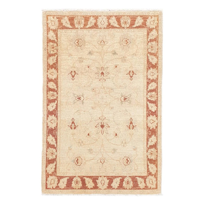 Full view of Afghan Chobi gold floral rug 158 x 102 cm with red border