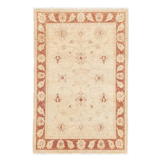 Full view of Afghan Chobi gold floral rug 158 x 102 cm with red border