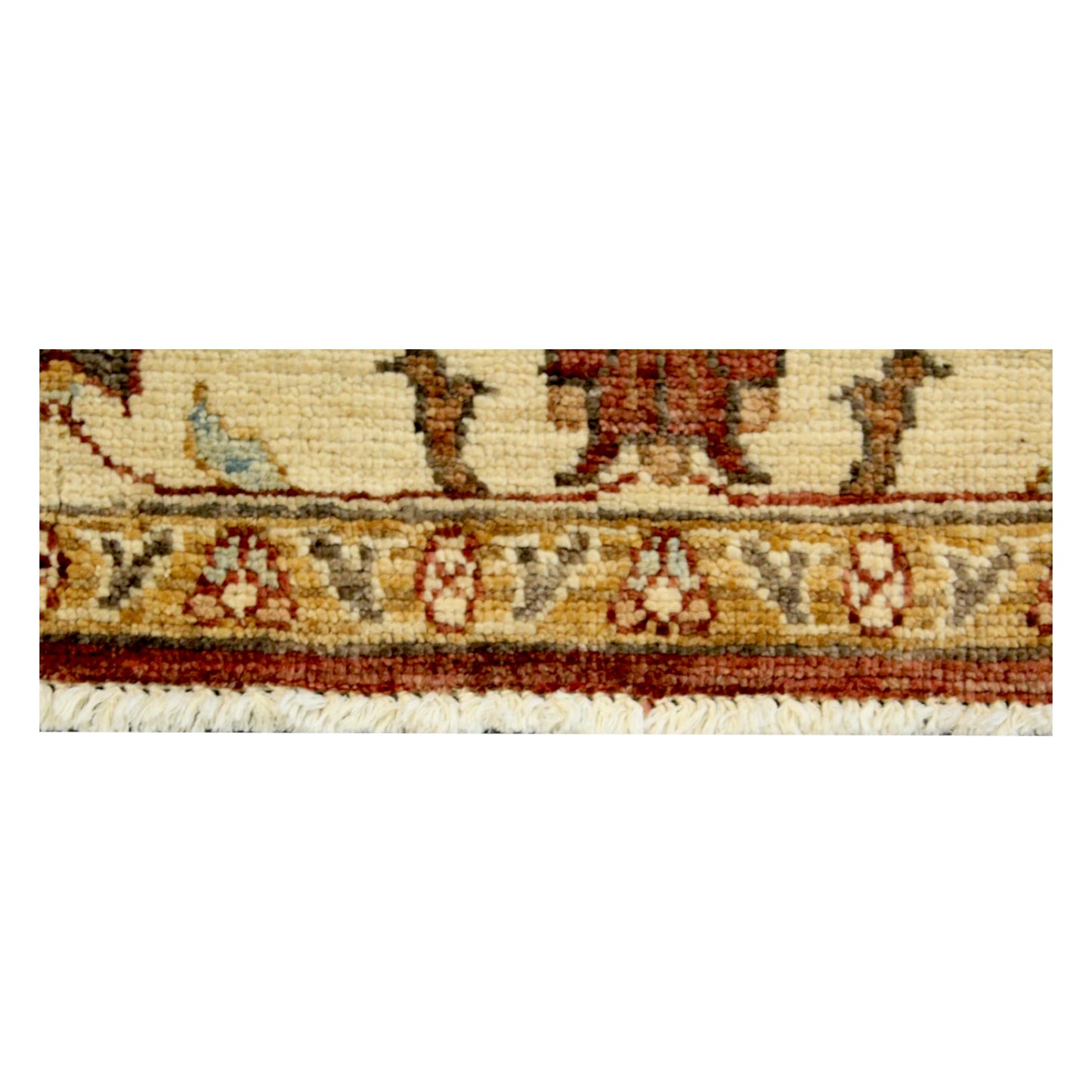 Fringed edge detail showing the narrow floral border and hand-knotted wool pile of the Afghan Chobi rug