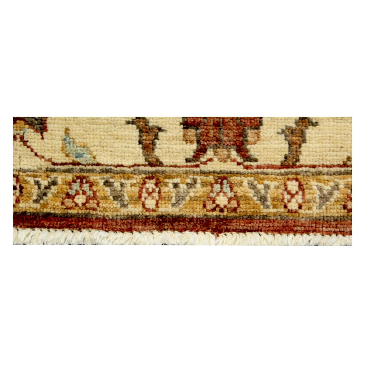 Fringed edge detail showing the narrow floral border and hand-knotted wool pile of the Afghan Chobi rug