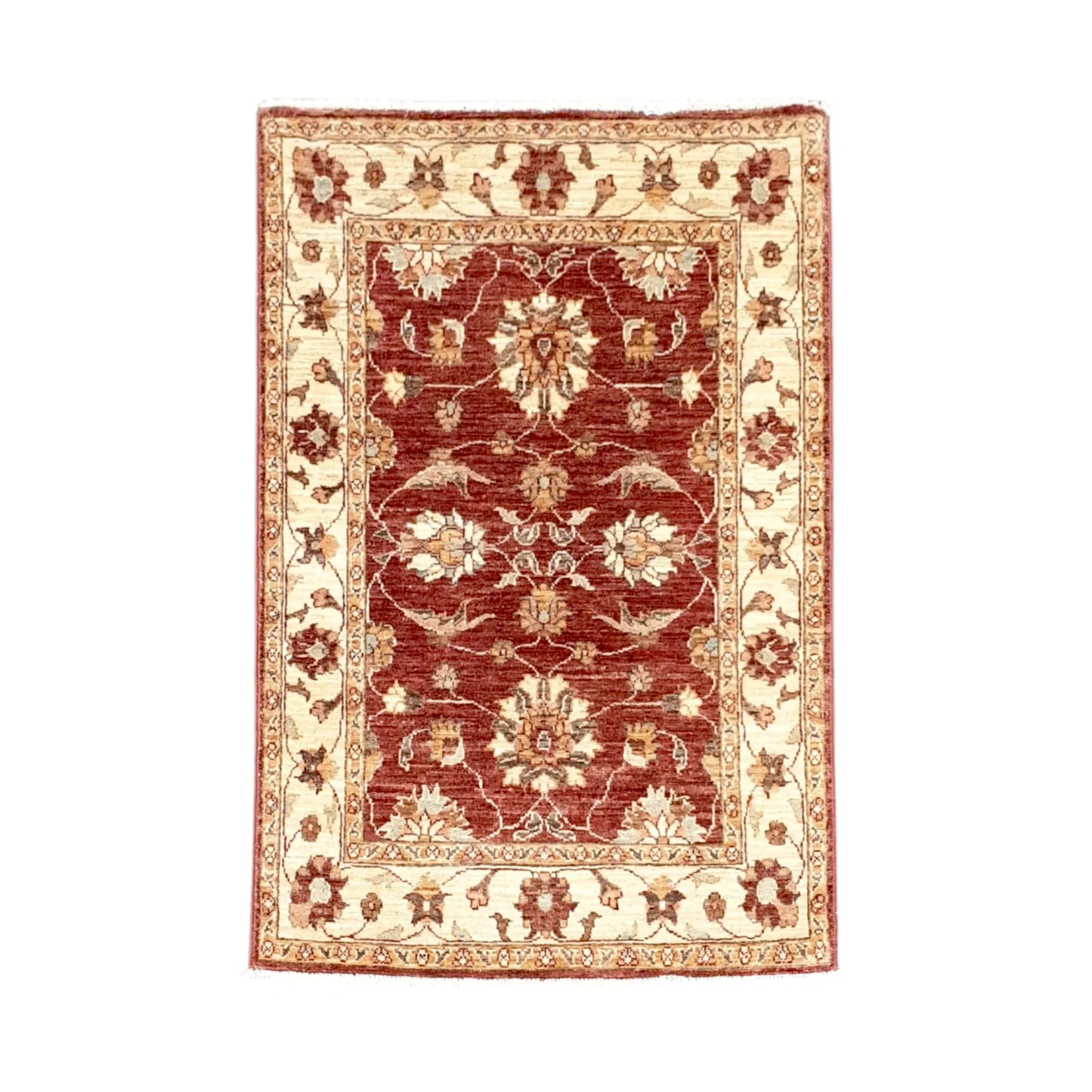 Full view of Afghan Chobi hand-knotted wool rug with deep rust-red floral field and broad ivory border, 133 x 85 cm