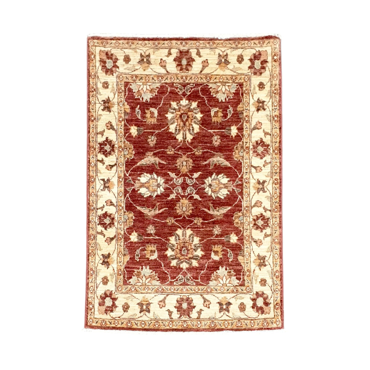 Full view of Afghan Chobi hand-knotted wool rug with deep rust-red floral field and broad ivory border, 133 x 85 cm