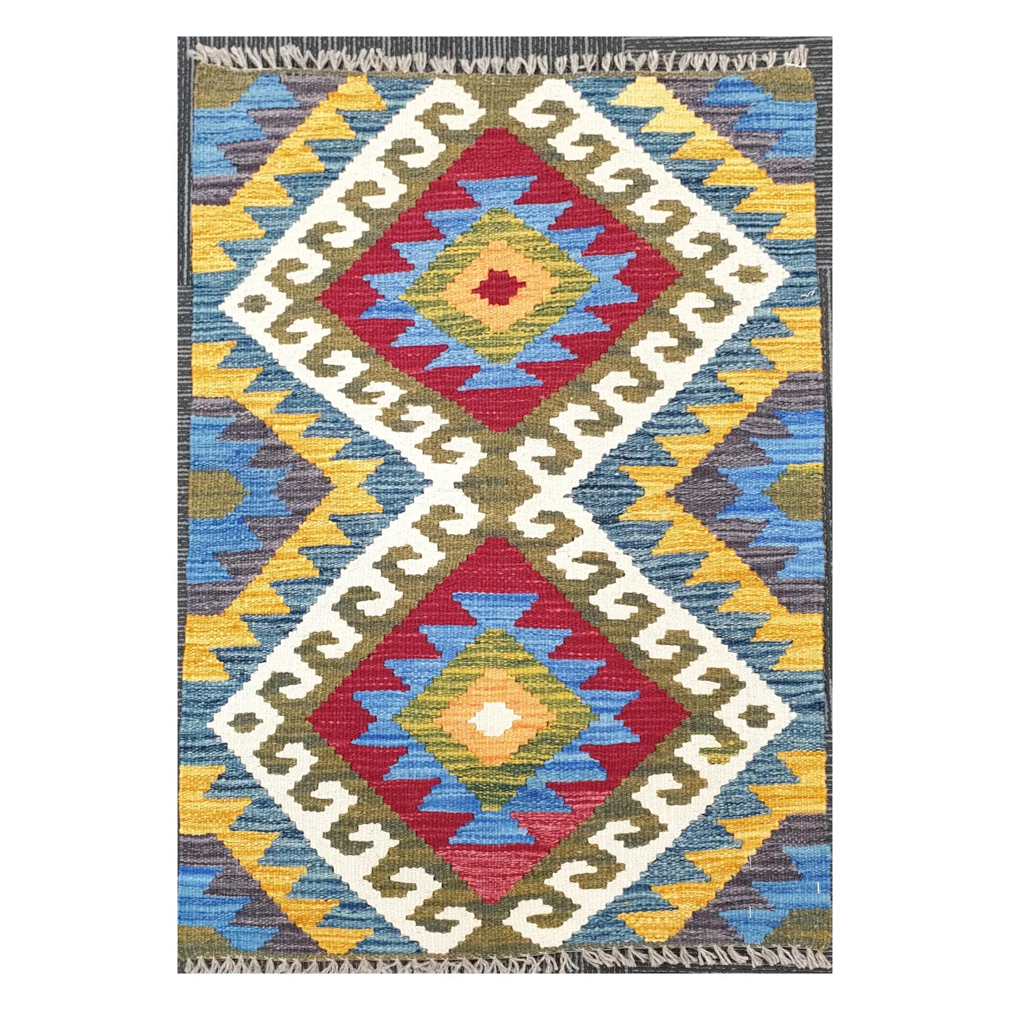 Front view of Afghan Chobi Kilim handwoven wool rug with olive blue twin diamond design, 100 x 61 cm