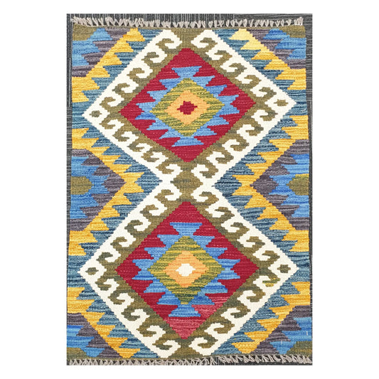 Front view of Afghan Chobi Kilim handwoven wool rug with olive blue twin diamond design, 100 x 61 cm