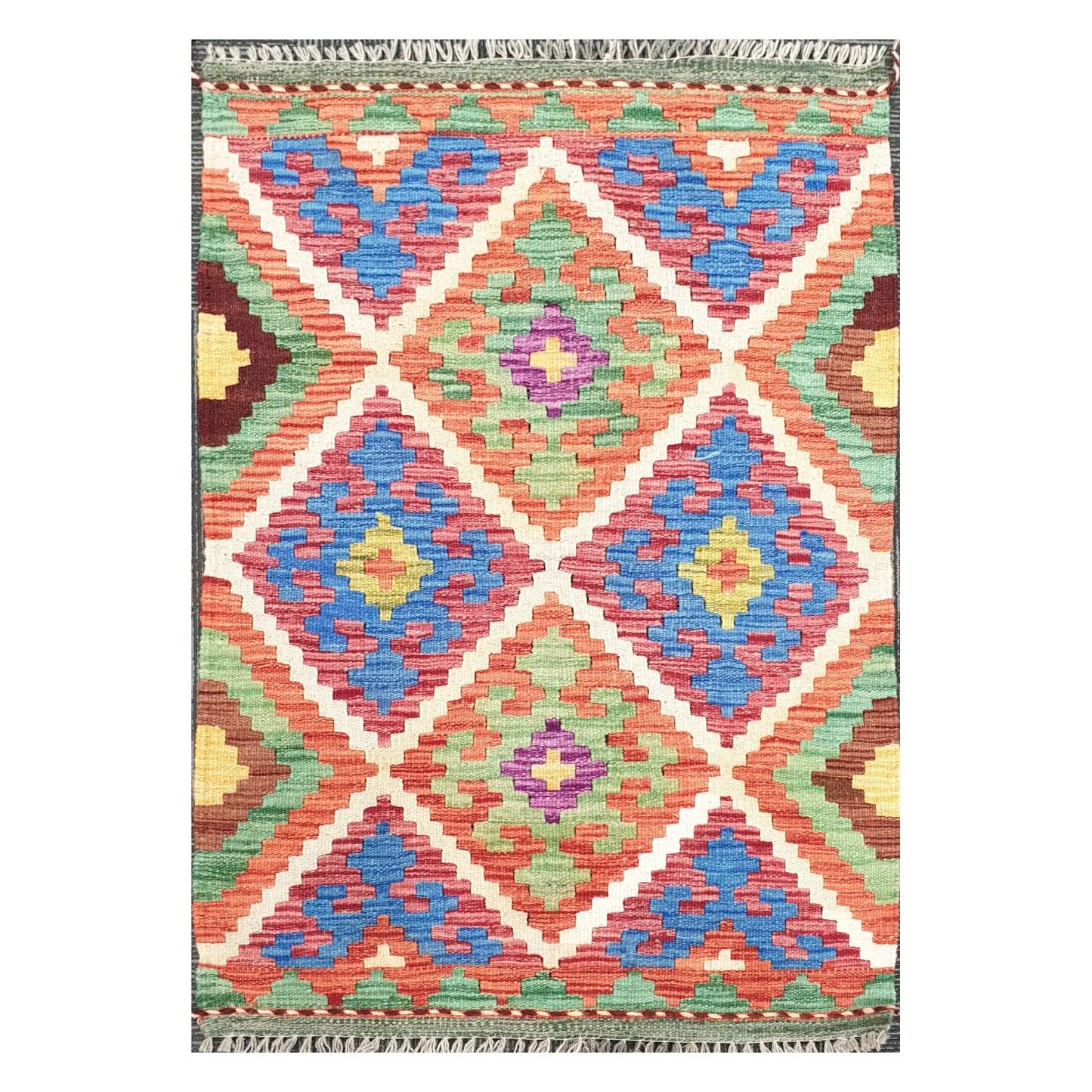 Front view of Afghan Chobi Kilim handwoven wool rug with coral diamond trellis design, 100 x 65 cm