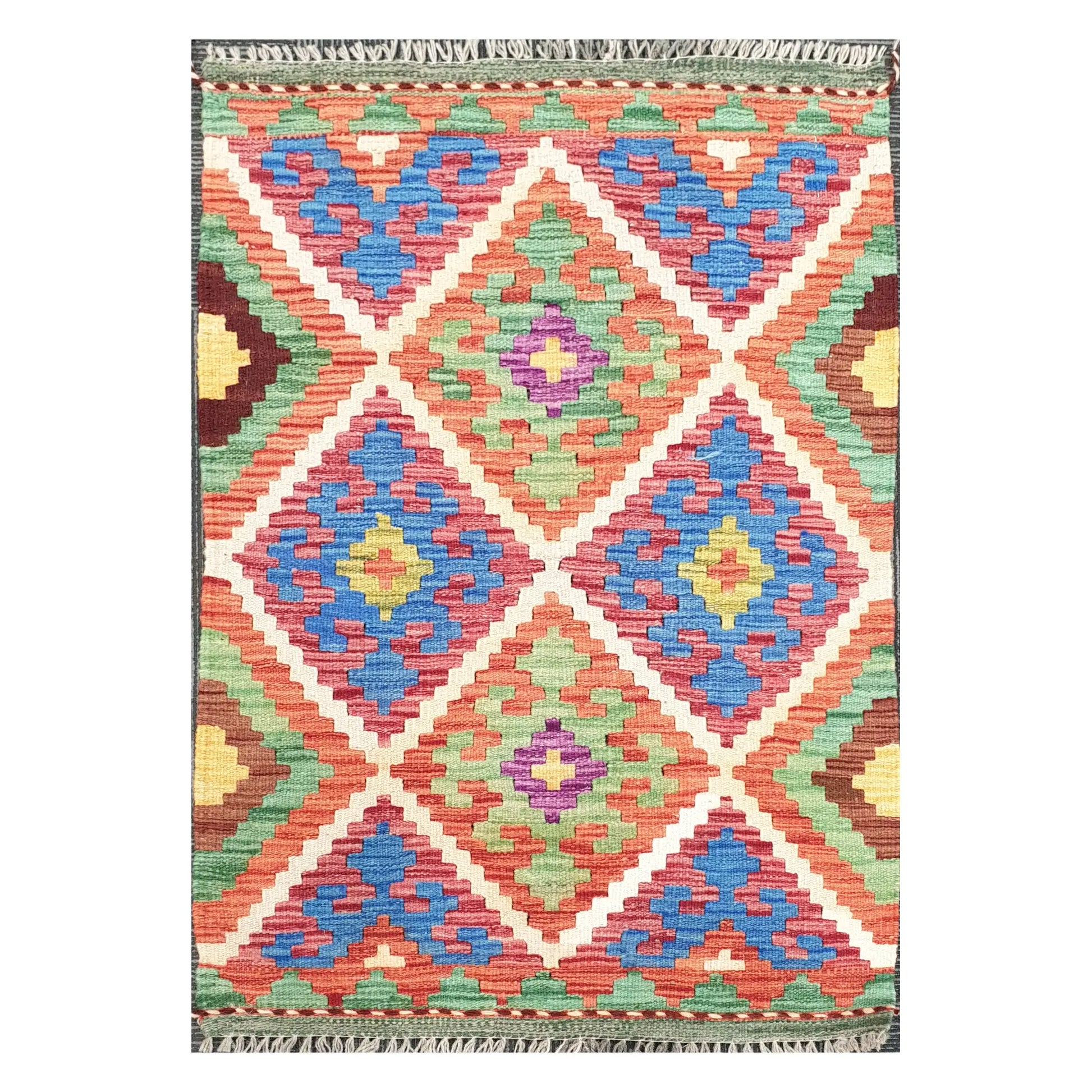Front view of Afghan Chobi Kilim handwoven wool rug with coral diamond trellis design, 100 x 65 cm