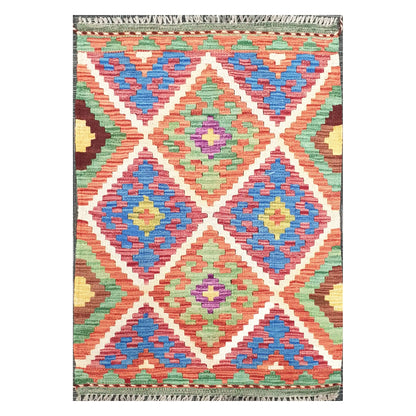 Front view of Afghan Chobi Kilim handwoven wool rug with coral diamond trellis design, 100 x 65 cm