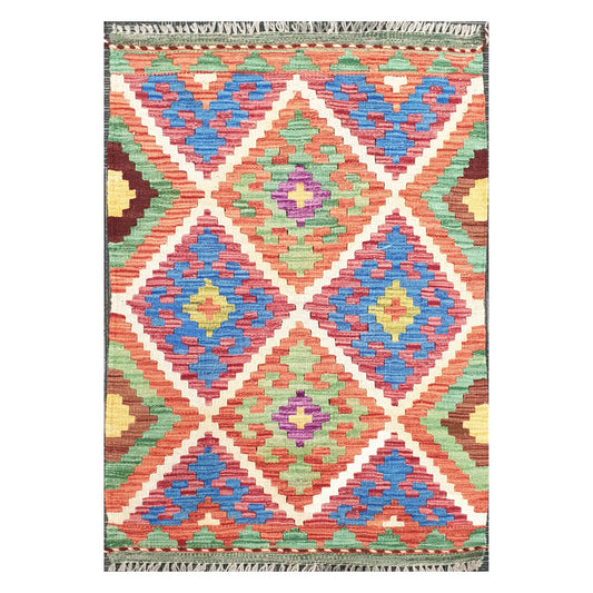 Front view of Afghan Chobi Kilim handwoven wool rug with coral diamond trellis design, 100 x 65 cm