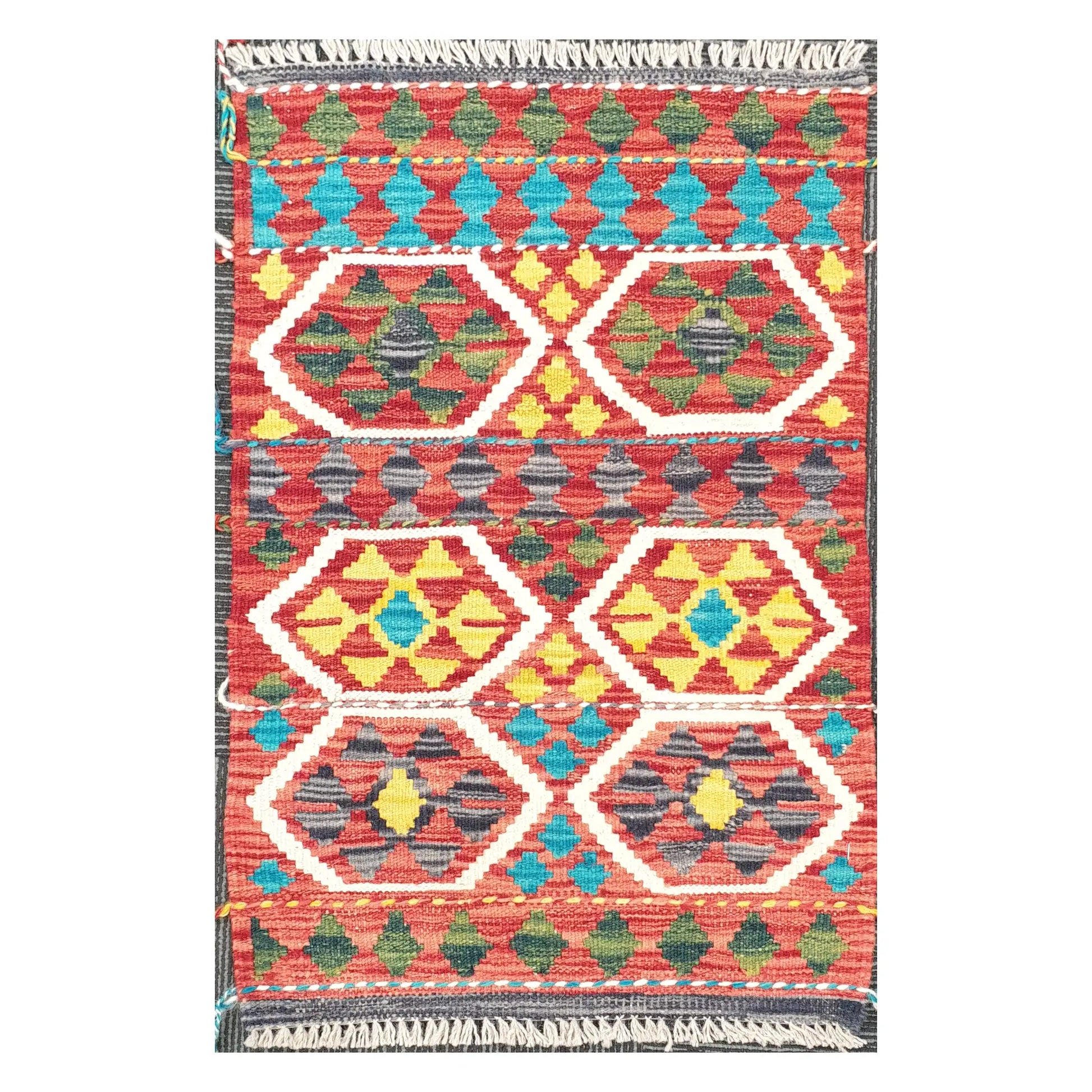 Front view of Afghan Chobi Kilim hand-woven wool rug with coral hexagon medallion design, 75 x 53 cm