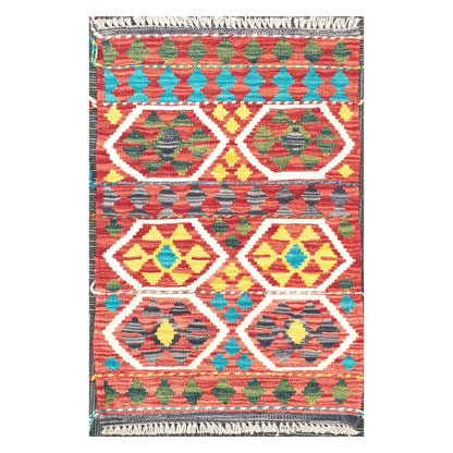 Front view of Afghan Chobi Kilim hand-woven wool rug with coral hexagon medallion design, 75 x 53 cm