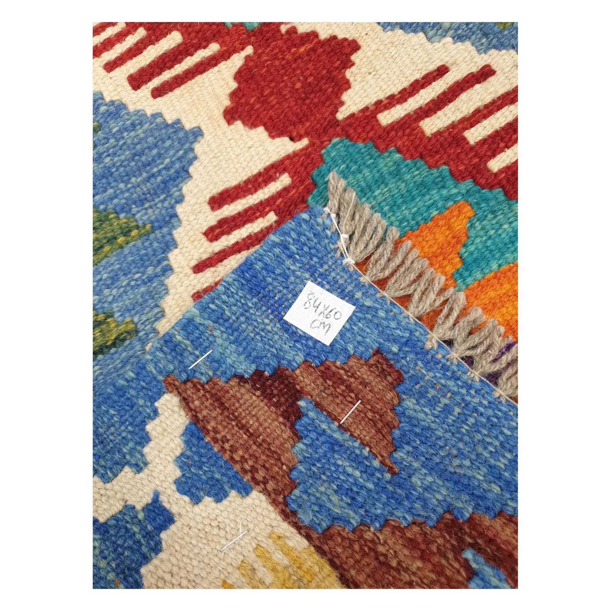 Close-up of Afghan Chobi Kilim wool flatweave texture, fringe, and geometric detail, 84 x 60 cm
