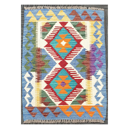 Front view of Afghan Chobi Kilim hand-woven wool rug with blue double medallion design, 84 x 60 cm
