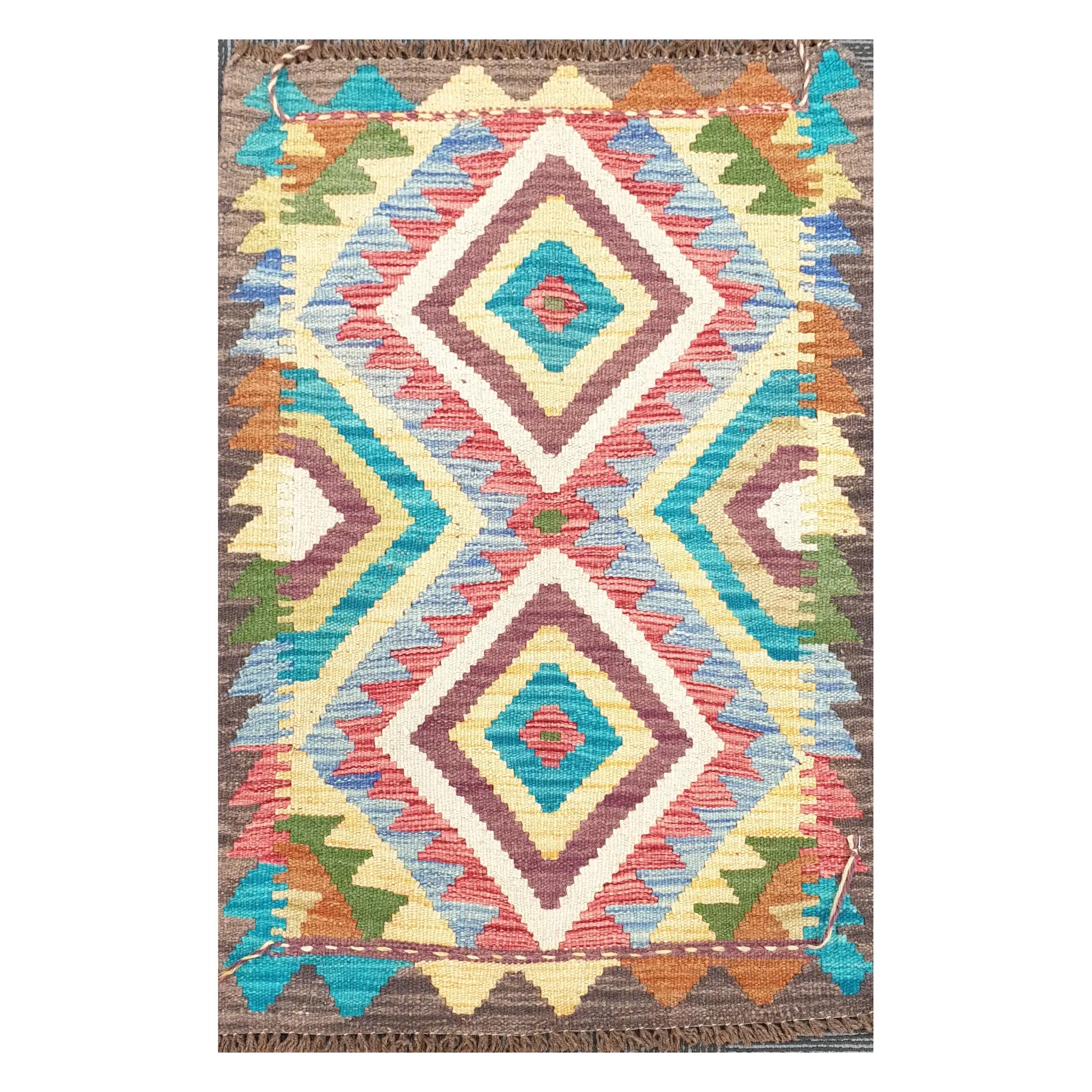 Front view of Afghan Chobi Kilim handwoven wool rug with taupe twin diamond design, 84 x 60 cm