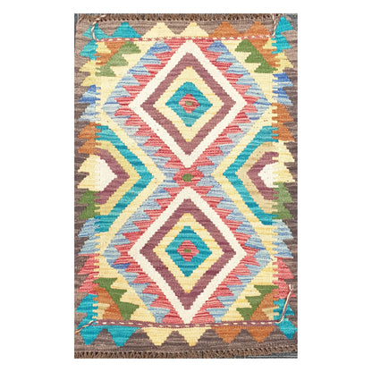 Front view of Afghan Chobi Kilim handwoven wool rug with taupe twin diamond design, 84 x 60 cm