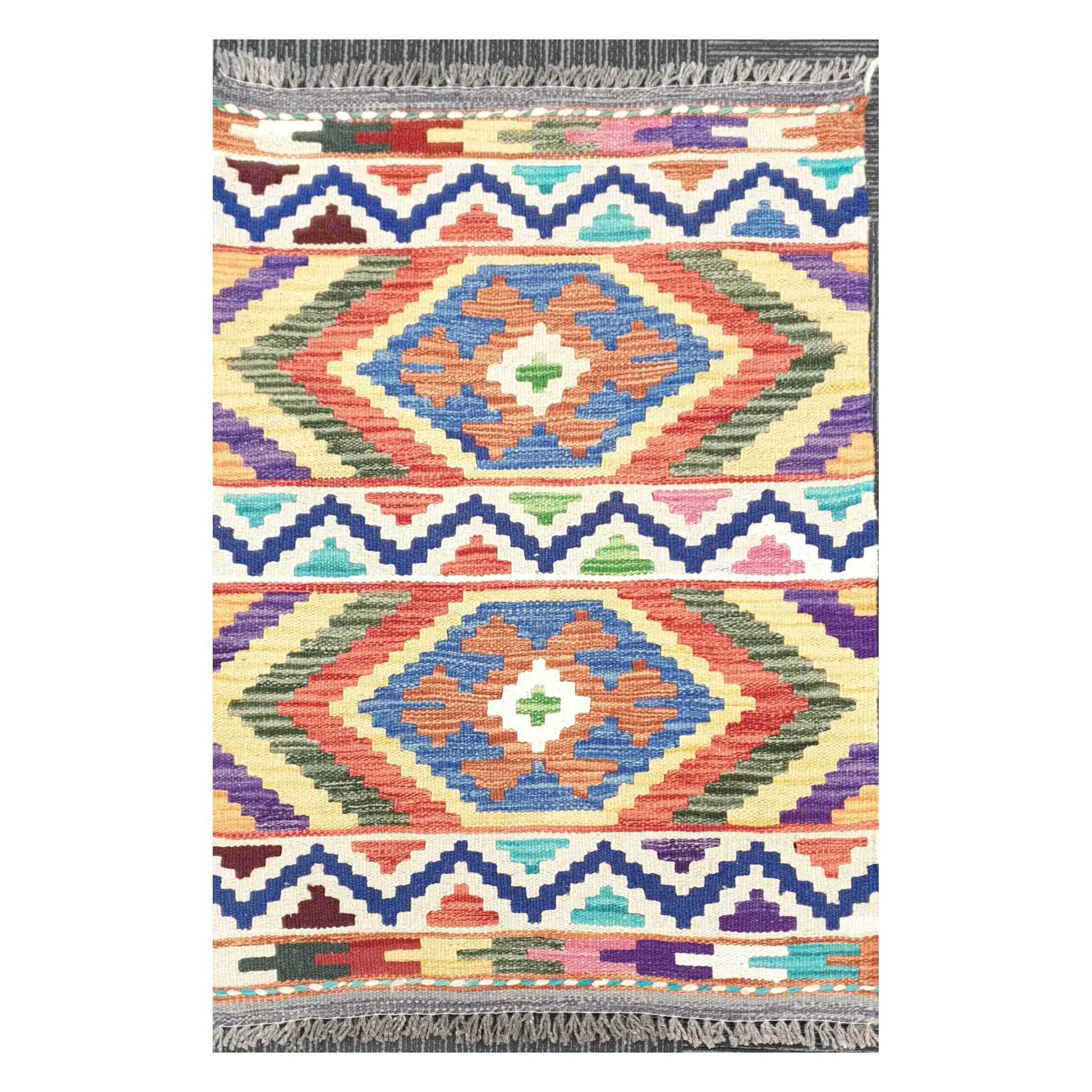 Front view of Afghan Chobi Kilim handwoven wool rug with terracotta double diamond design, 85 x 60 cm