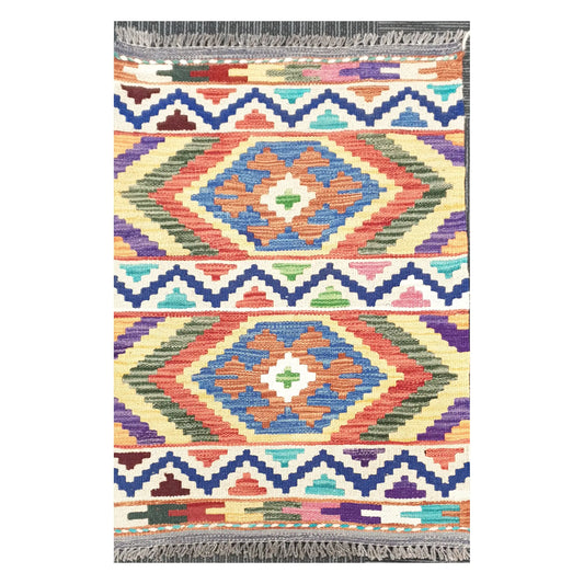Front view of Afghan Chobi Kilim handwoven wool rug with terracotta double diamond design, 85 x 60 cm