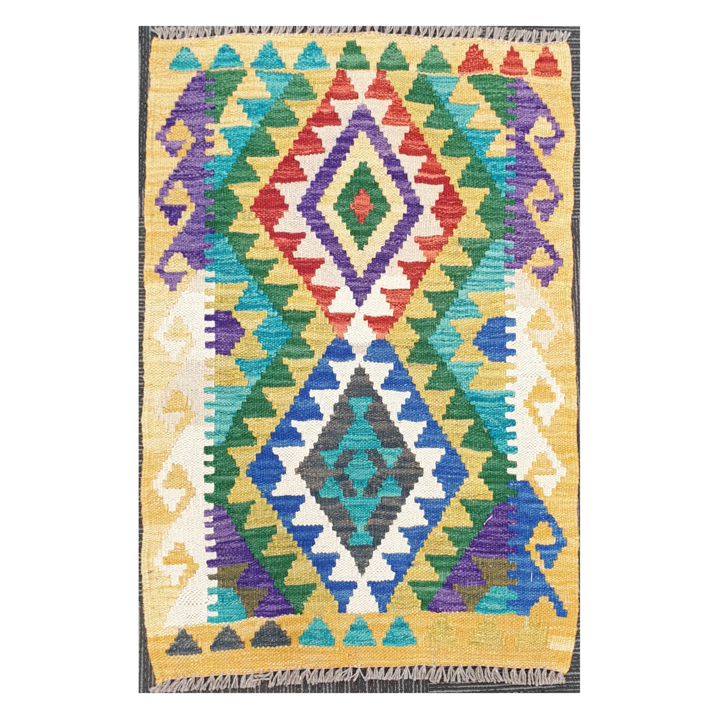 Front view of Afghan Chobi Kilim handwoven wool rug with golden twin diamond design, 85 x 65 cm