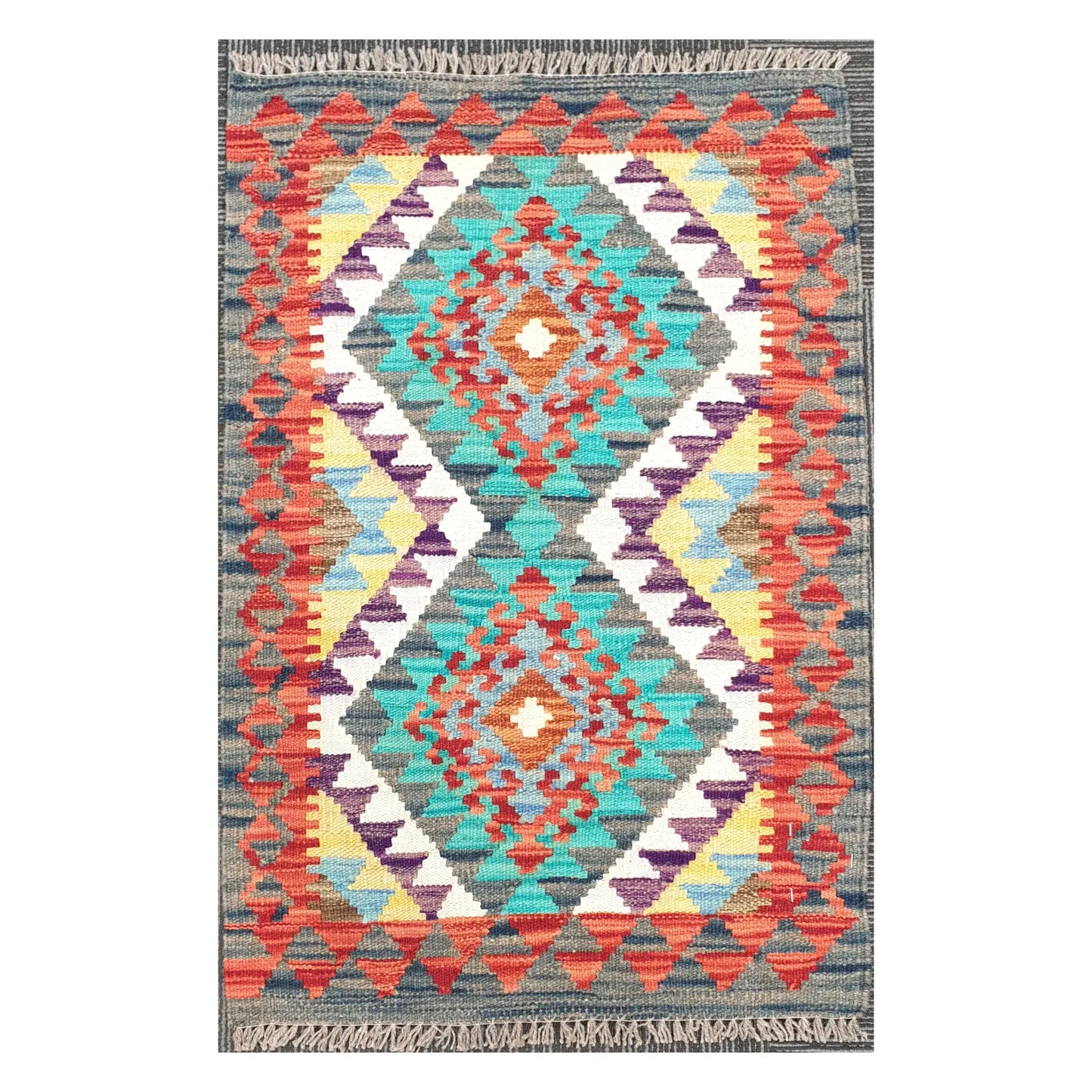 Front view of Afghan Chobi Kilim hand-woven wool rug with plum centre diamond design, 90 x 58 cm