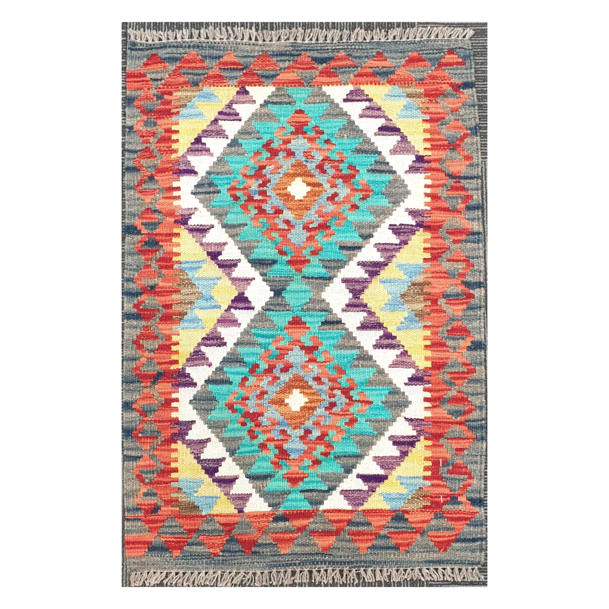 Front view of Afghan Chobi Kilim hand-woven wool rug with plum centre diamond design, 90 x 58 cm