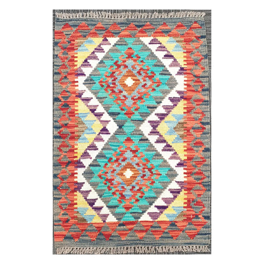 Front view of Afghan Chobi Kilim hand-woven wool rug with plum centre diamond design, 90 x 58 cm