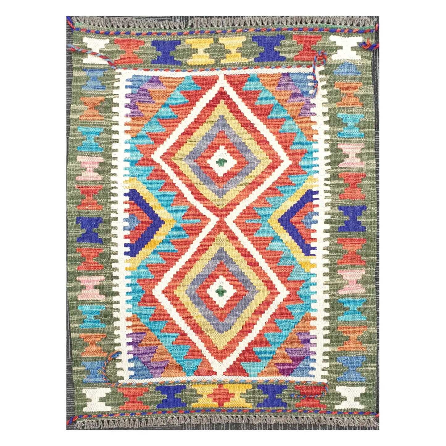 Front view of Afghan Chobi Kilim handwoven wool rug with coral elongated diamond design, 90 x 60 cm
