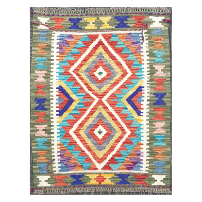 Front view of Afghan Chobi Kilim handwoven wool rug with coral elongated diamond design, 90 x 60 cm