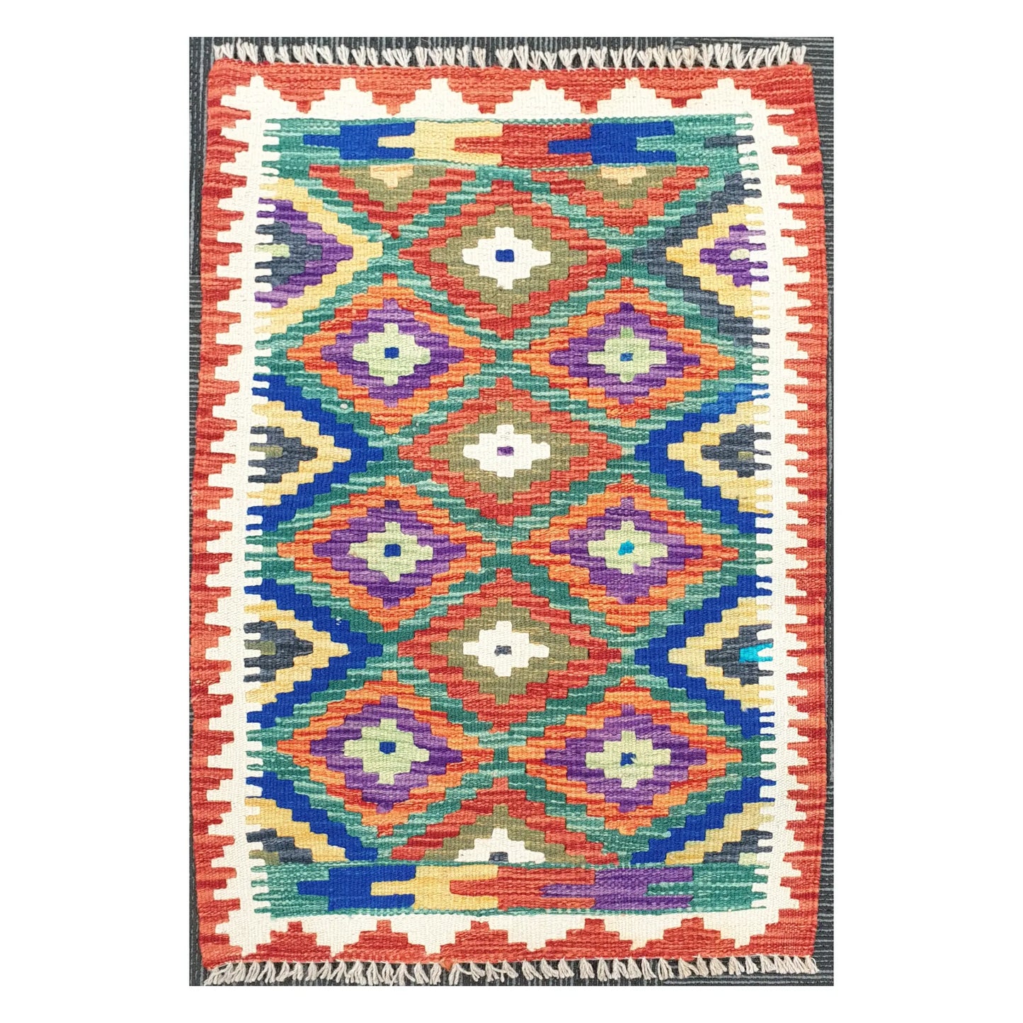 Front view of Afghan Chobi Kilim handwoven wool rug with jewel diamond grid design, 90 x 60 cm