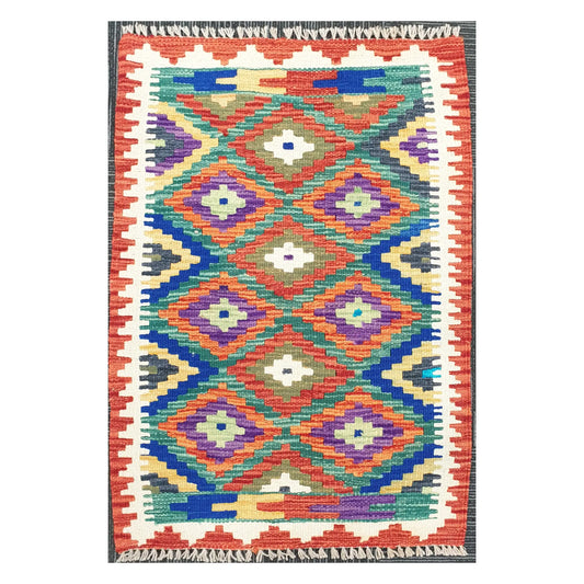 Front view of Afghan Chobi Kilim handwoven wool rug with jewel diamond grid design, 90 x 60 cm