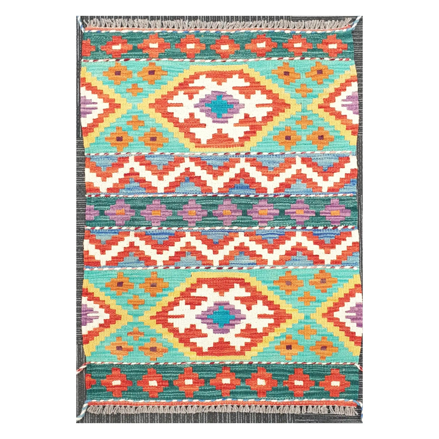 Front view of Afghan Chobi Kilim handwoven wool rug with turquoise banded diamond design, 90 x 61 cm