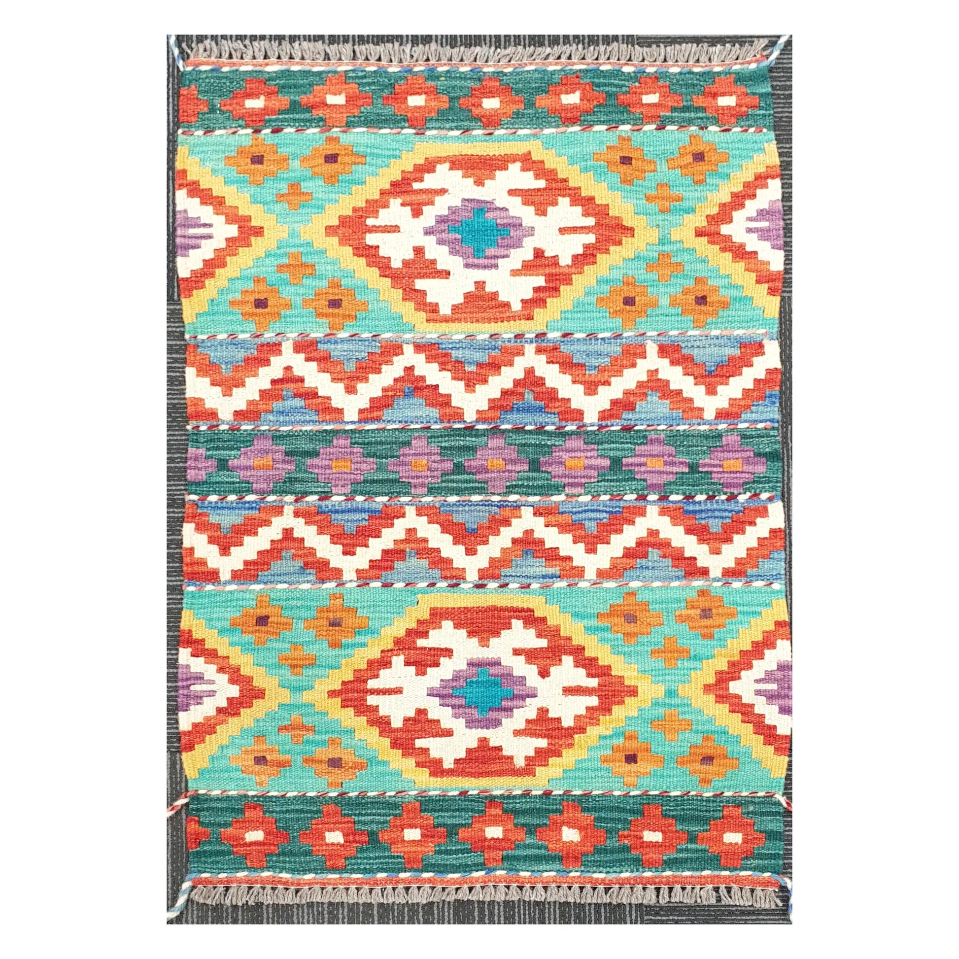Front view of Afghan Chobi Kilim handwoven wool rug with turquoise banded diamond design, 90 x 61 cm