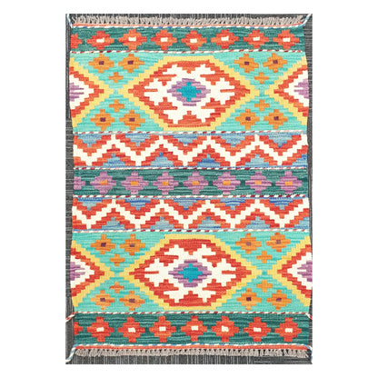 Front view of Afghan Chobi Kilim handwoven wool rug with turquoise banded diamond design, 90 x 61 cm