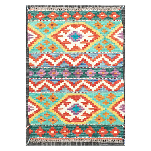Front view of Afghan Chobi Kilim handwoven wool rug with turquoise banded diamond design, 90 x 61 cm