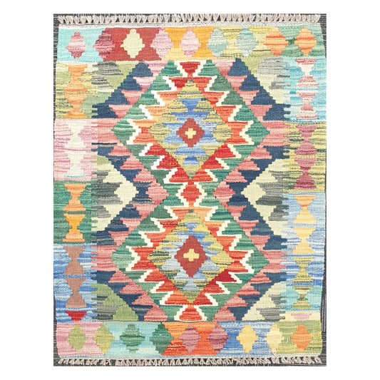 Front view of Afghan Chobi Kilim handwoven wool rug with pastel double diamond design, 90 x 64 cm