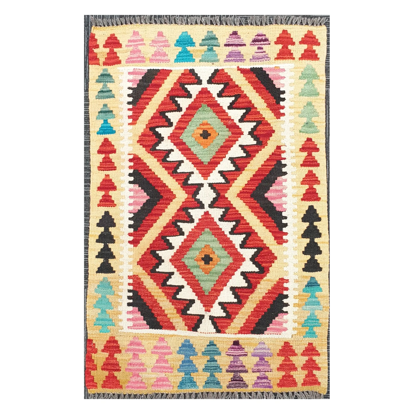 Front view of Afghan Chobi Kilim hand-woven wool rug with coral twin diamond design, 91 x 60 cm