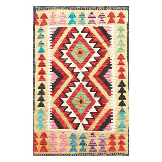Front view of Afghan Chobi Kilim hand-woven wool rug with coral twin diamond design, 91 x 60 cm