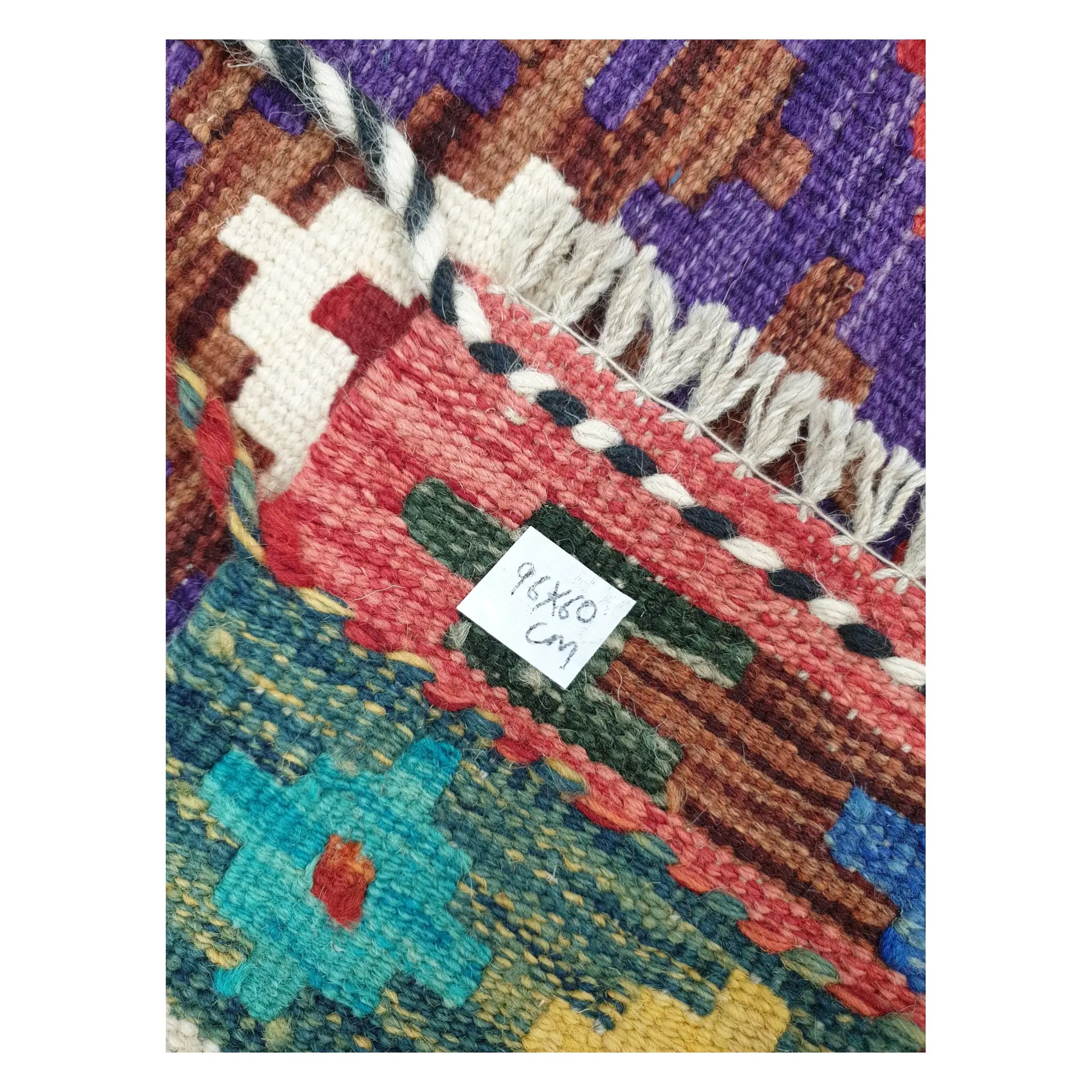 Close-up of Afghan Chobi Kilim wool flatweave texture, fringe, and geometric colour detail, 96 x 60 cm