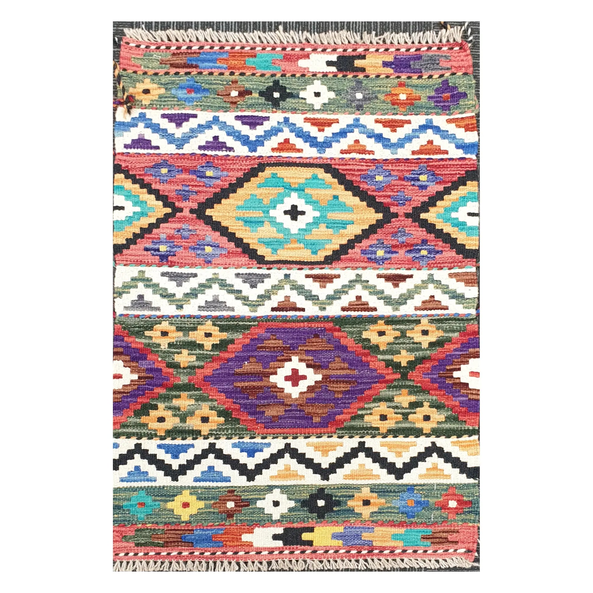 Front view of Afghan Chobi Kilim hand-woven wool rug with geometric diamond bands, 96 x 60 cm