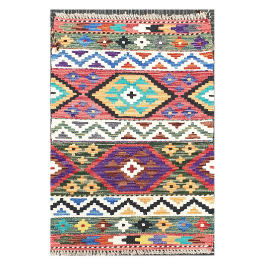 Front view of Afghan Chobi Kilim hand-woven wool rug with geometric diamond bands, 96 x 60 cm
