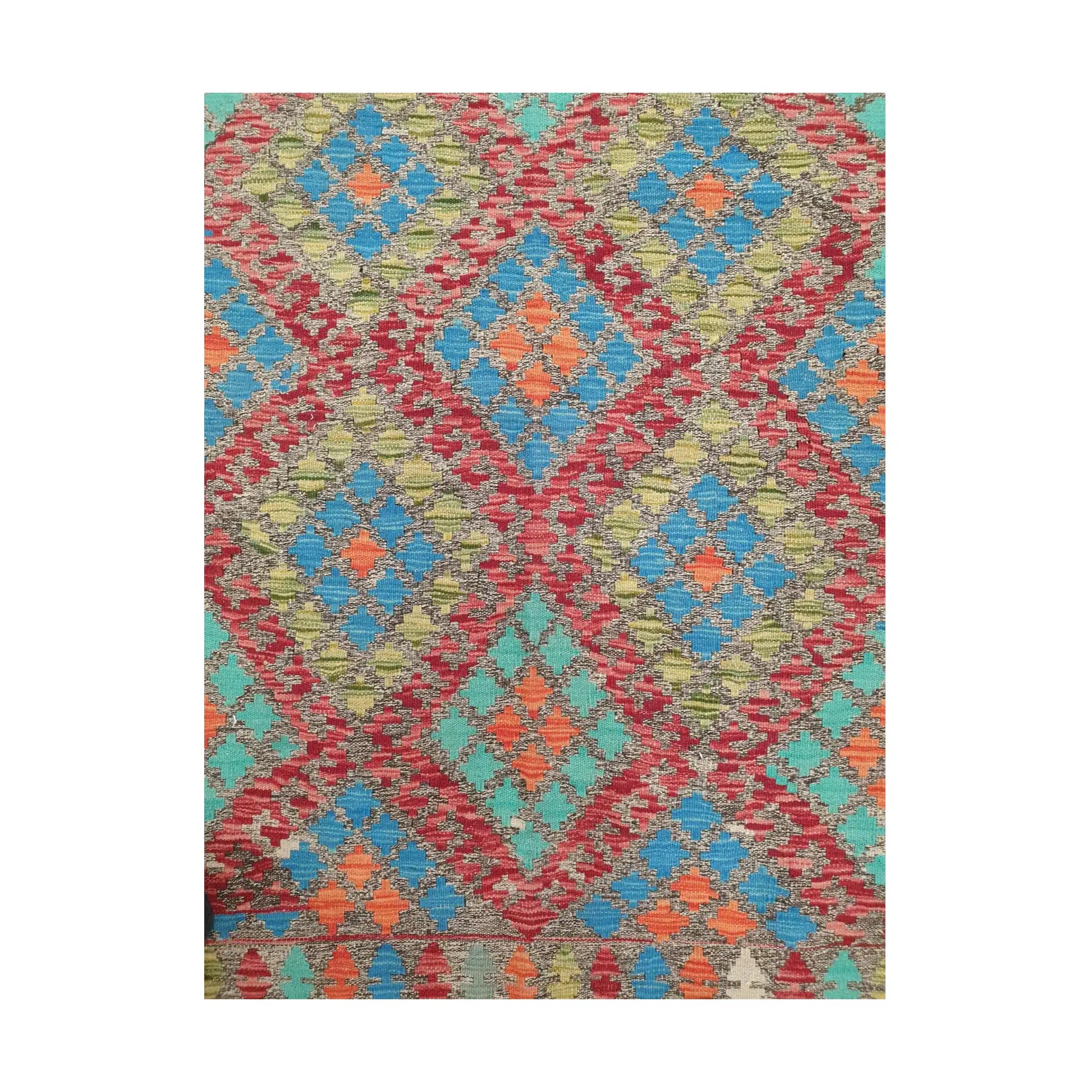 Centre detail of Afghan Chobi Kilim blue medallion rug showing geometric flatweave pattern