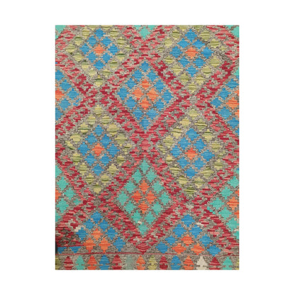 Centre detail of Afghan Chobi Kilim blue medallion rug showing geometric flatweave pattern