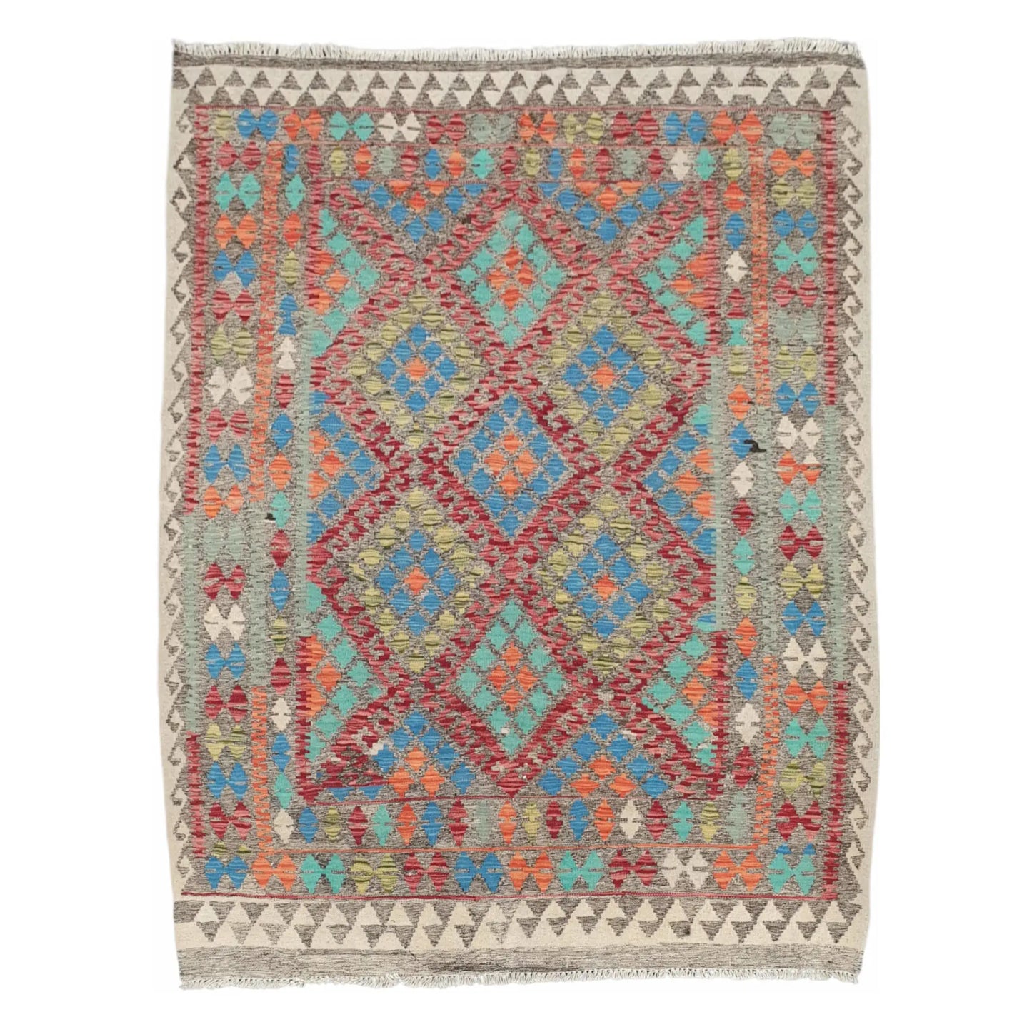 Full view of Afghan Chobi Kilim blue medallion rug 196 x 155 cm with geometric pattern