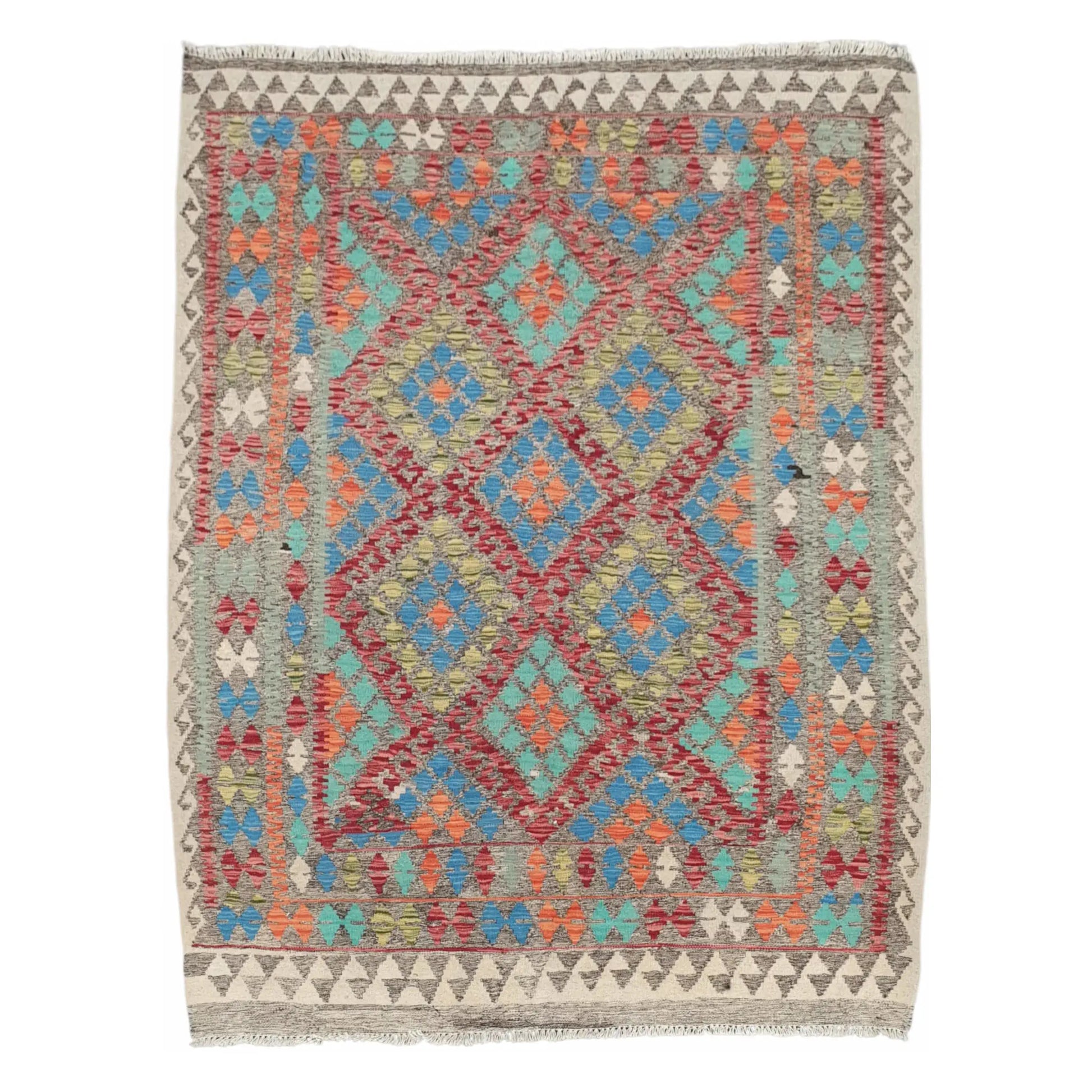 Full view of Afghan Chobi Kilim blue medallion rug 196 x 155 cm with geometric pattern